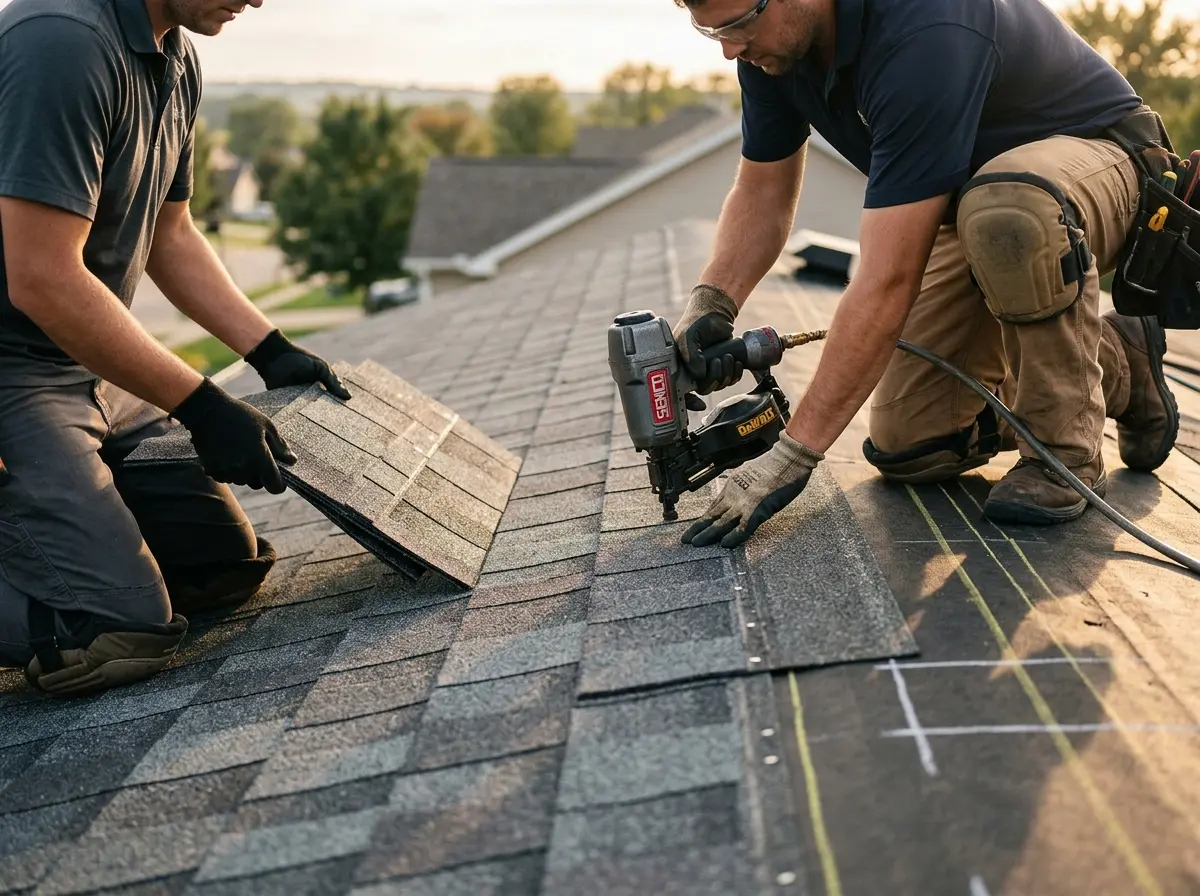 Professional roofer working on a residential roof in Defiance